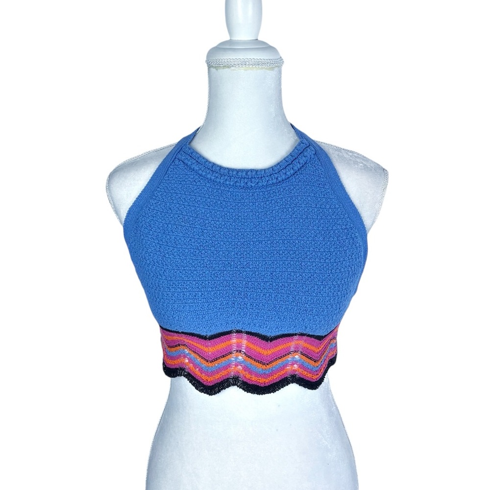 Zara Bright Blue Woven Crochet Halter Crop Top Wavy Bottom Size Medium